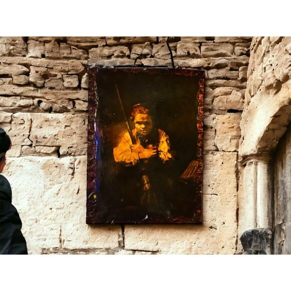 Rembrandt Girl with a Broom Lacquered Art Panel-Haunting Vintage Portrait-Moody - Picture 3 of 10